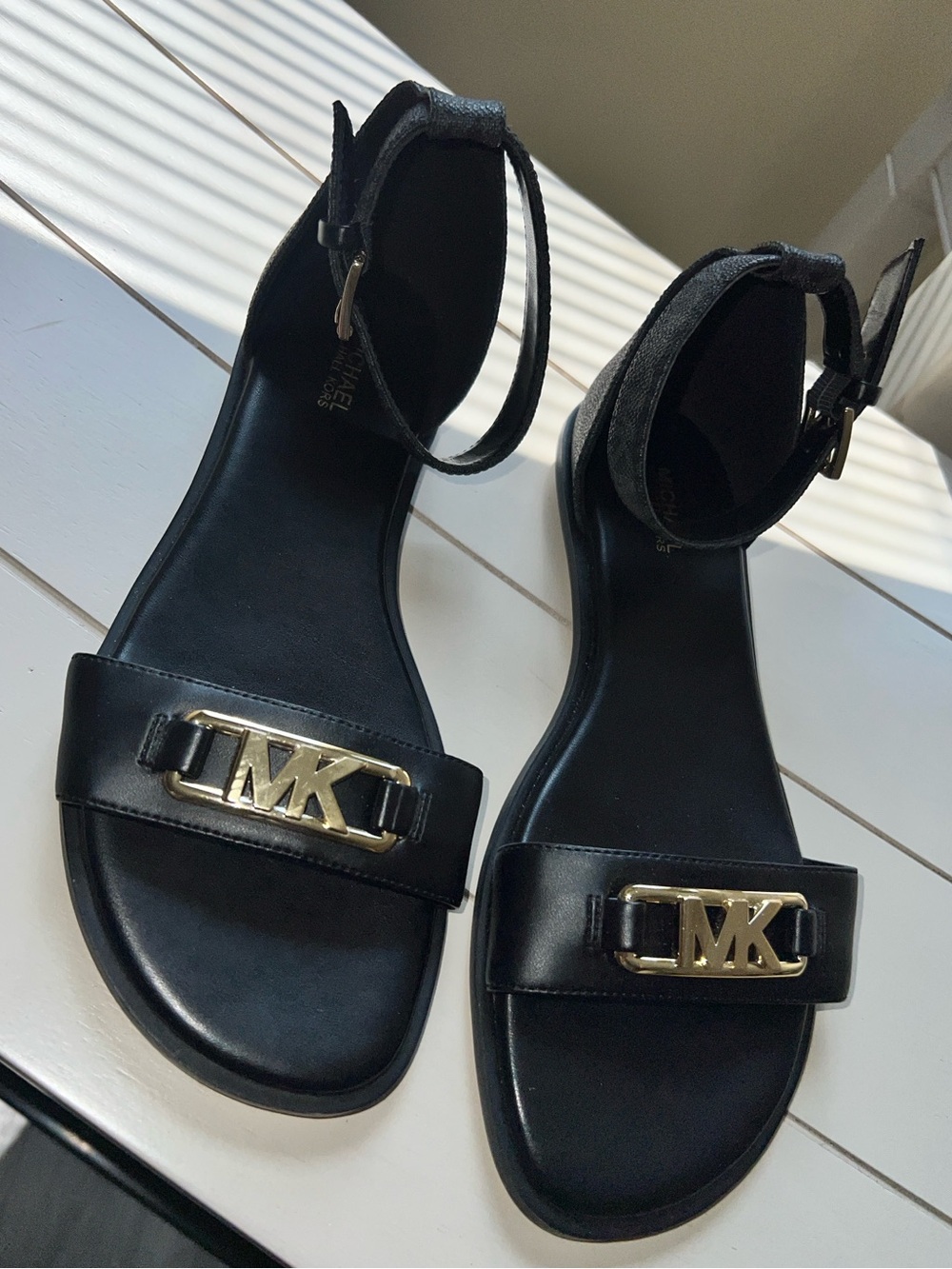 Michael Kors Black Leather Ankle-Strap Sandals with Gold MK Accent